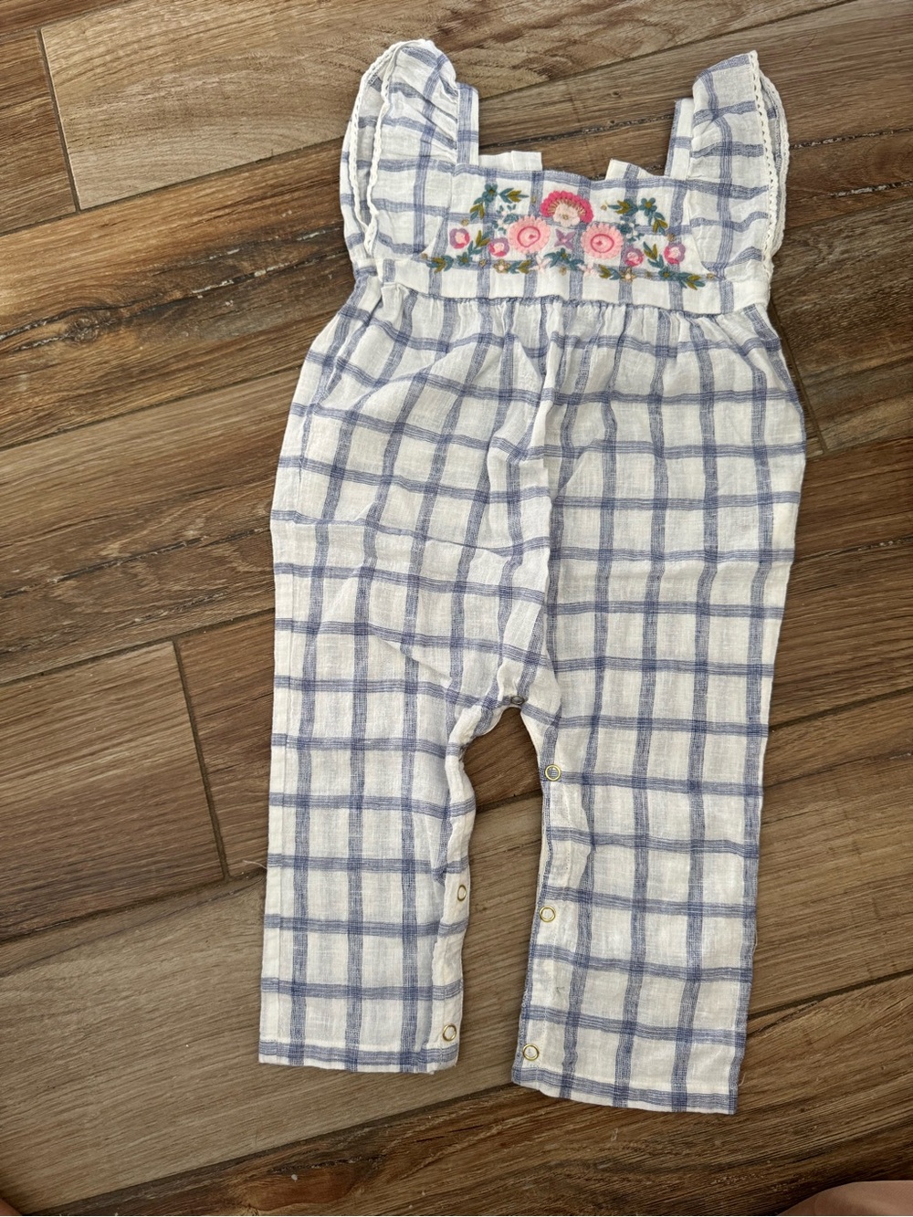 Louise misha Blue Plaid Baby Girls Romper w/ Floral Embroidery size 18